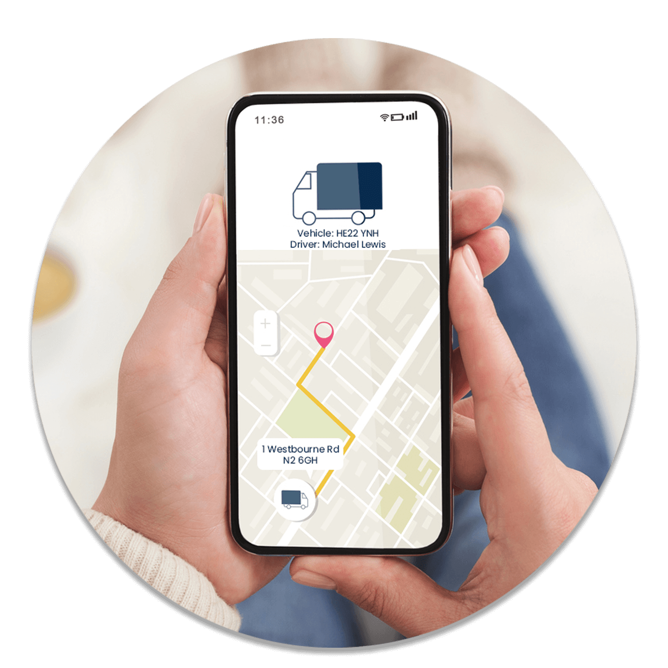 Mobile app displaying real-time vehicle tracking with a mapped route
