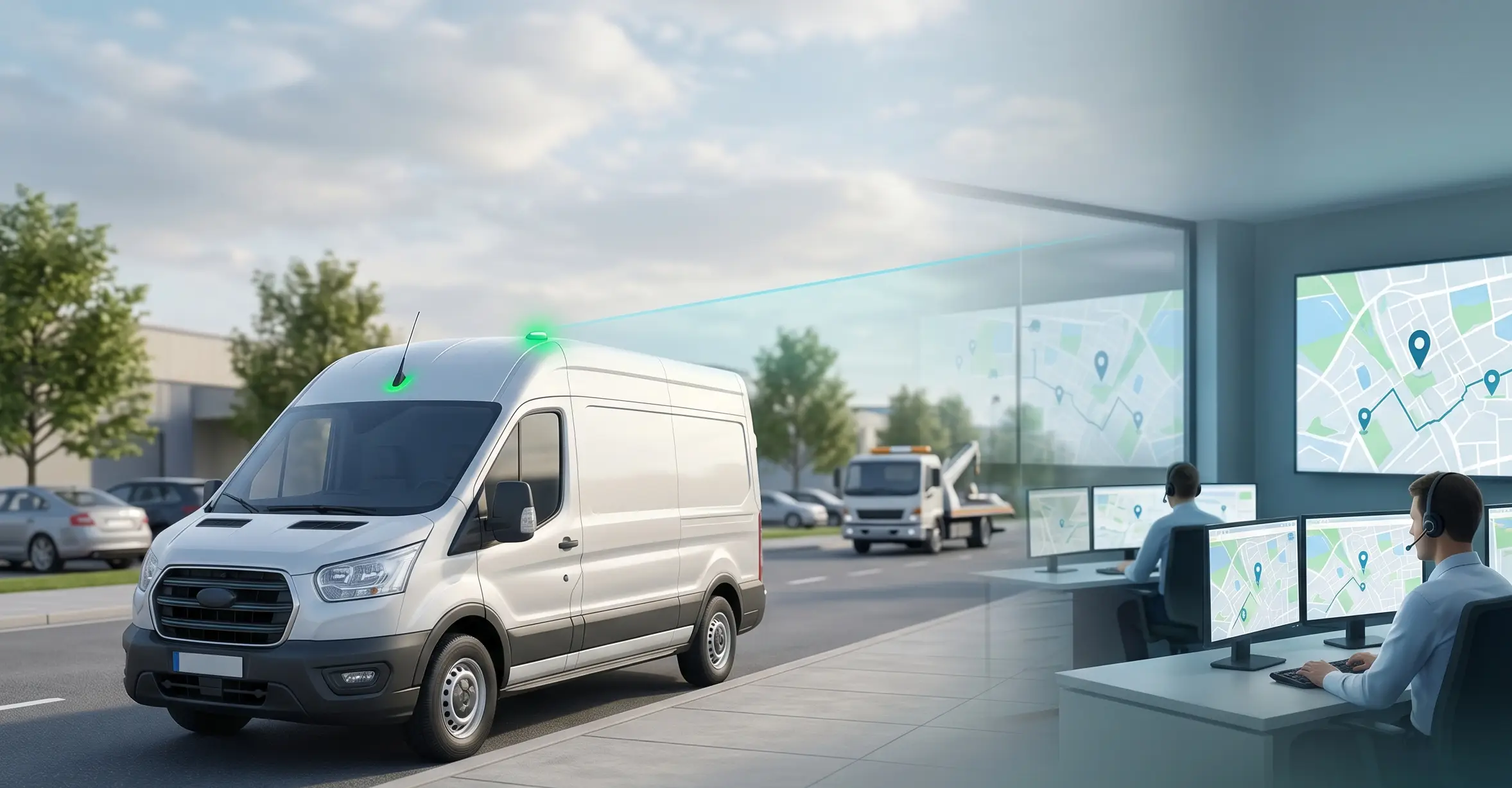 Illustration showing a white fleet delivery van parked on a street connected by a blue light beam to a professional 24/7 monitoring center