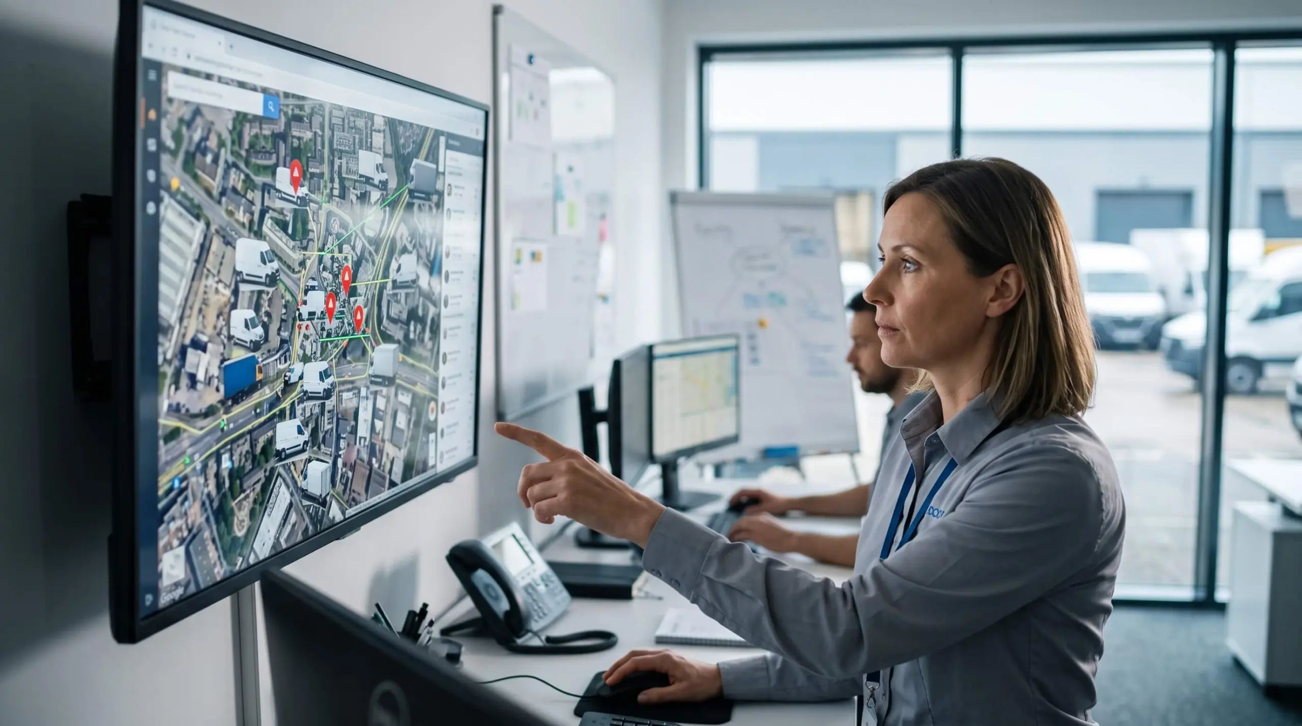 A fleet manager monitoring UK commercial vehicles on a digital GPS tracking map inside an operations room.