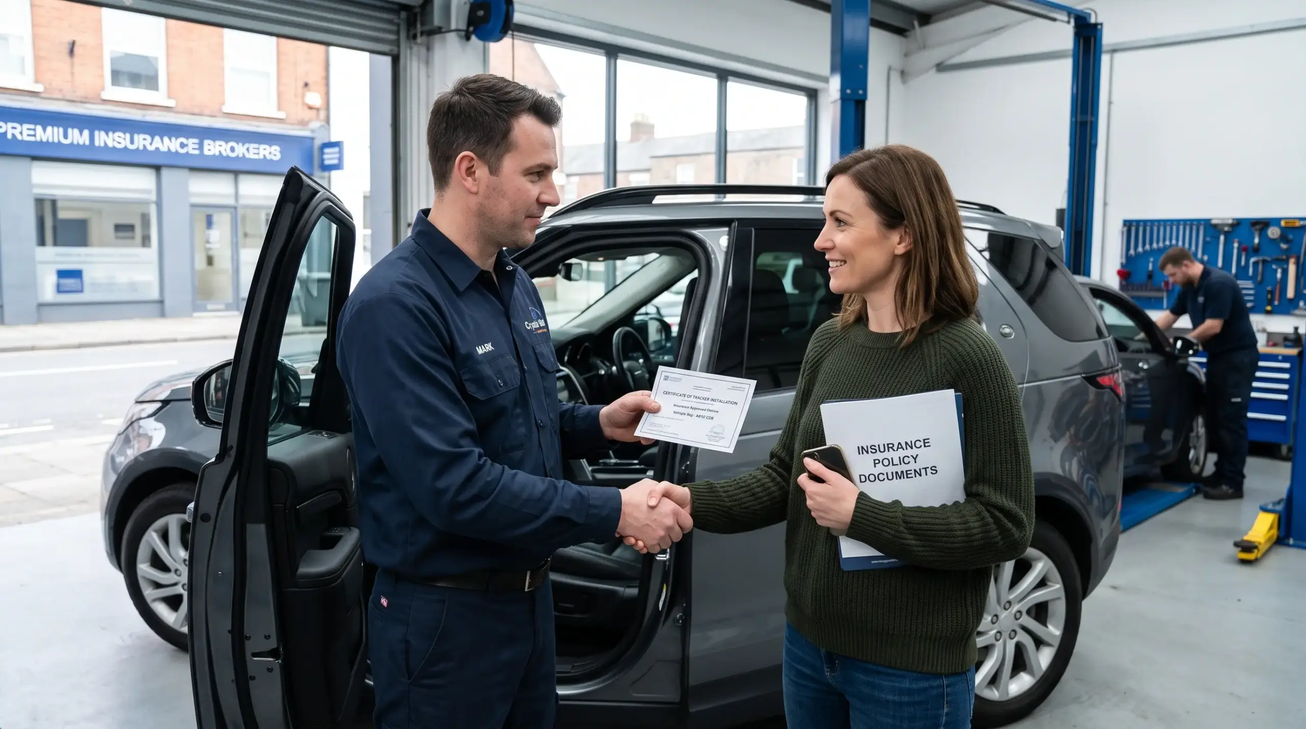 A car owner receiving a tracker installation certificate from a technician in a workshop to qualify for lower vehicle insurance premiums.