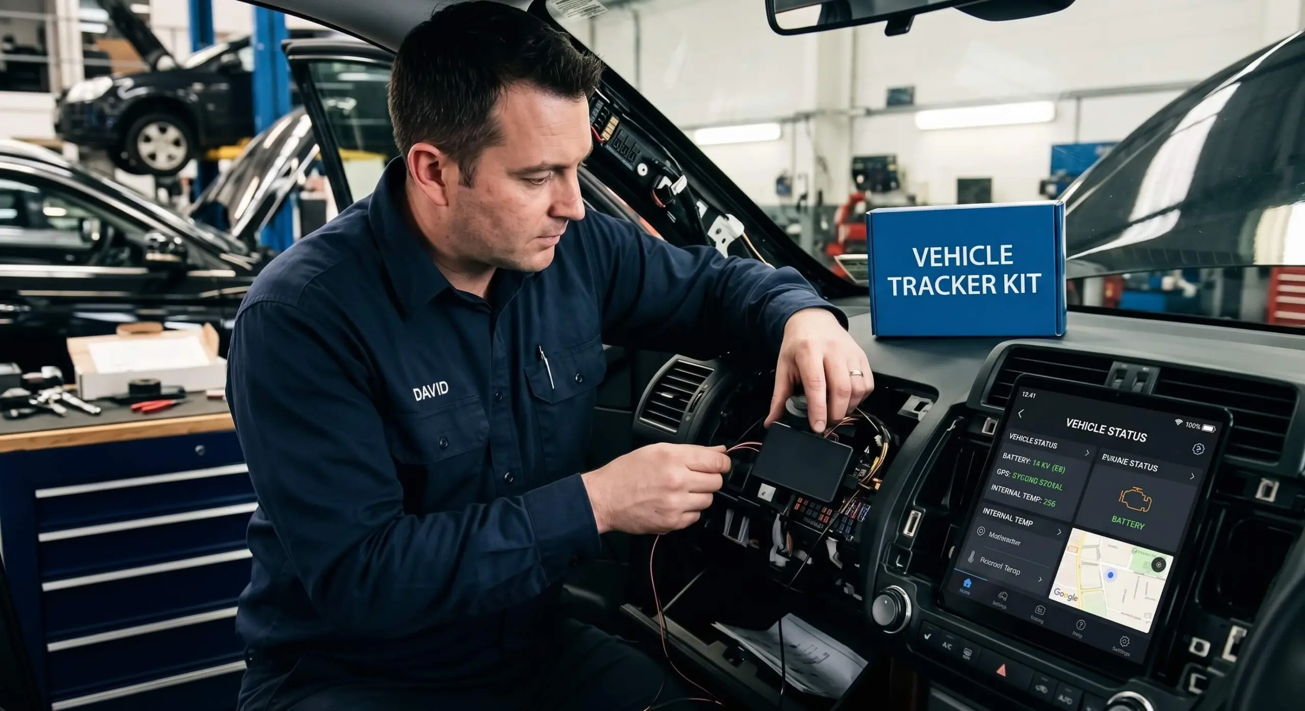 Professional technician installing an insurance-approved vehicle tracking device inside a car dashboard in an auto repair shop.